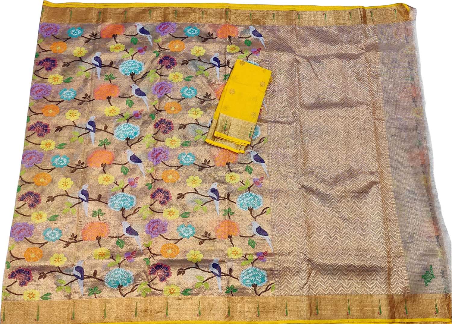 Golden And Yellow Kota Doria Handloom Double Tissue Real Zari Saree - Luxurion World