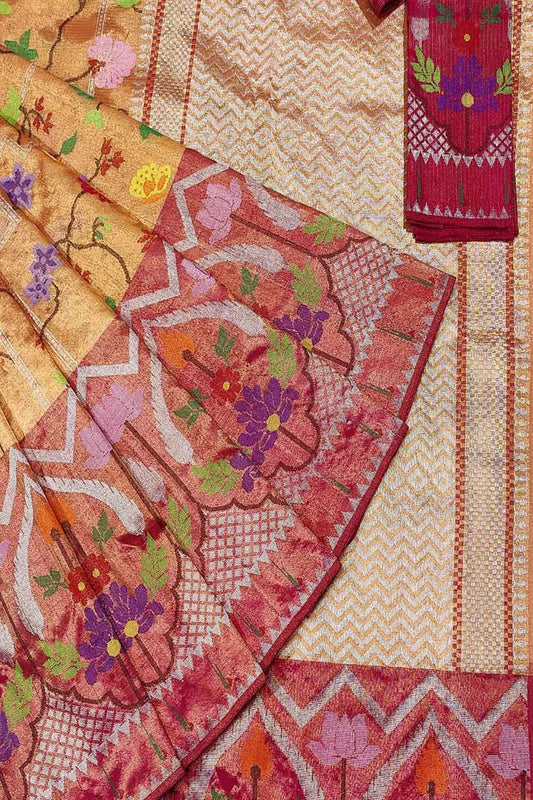 Golden & Red Kota Doria Zari Saree - Handloom Tissue