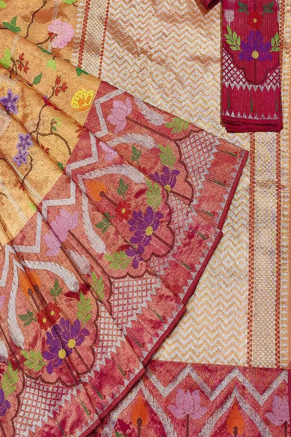 Golden & Red Kota Doria Zari Saree - Handloom Tissue - Luxurion World