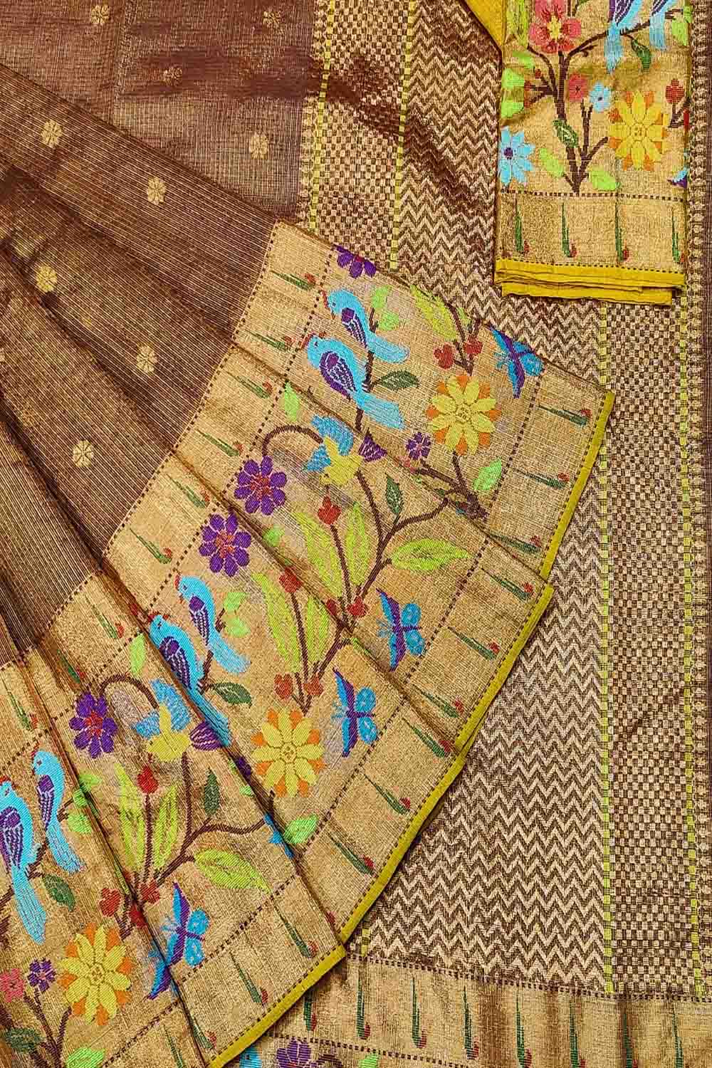 Golden Kota Doria Handloom Tissue Zari Saree - Luxurion World