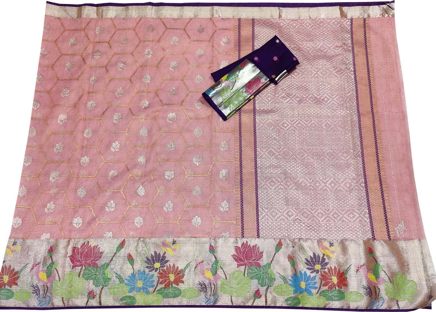 Elegant Pink & Blue Kota Doria Zari Saree - Luxurion World