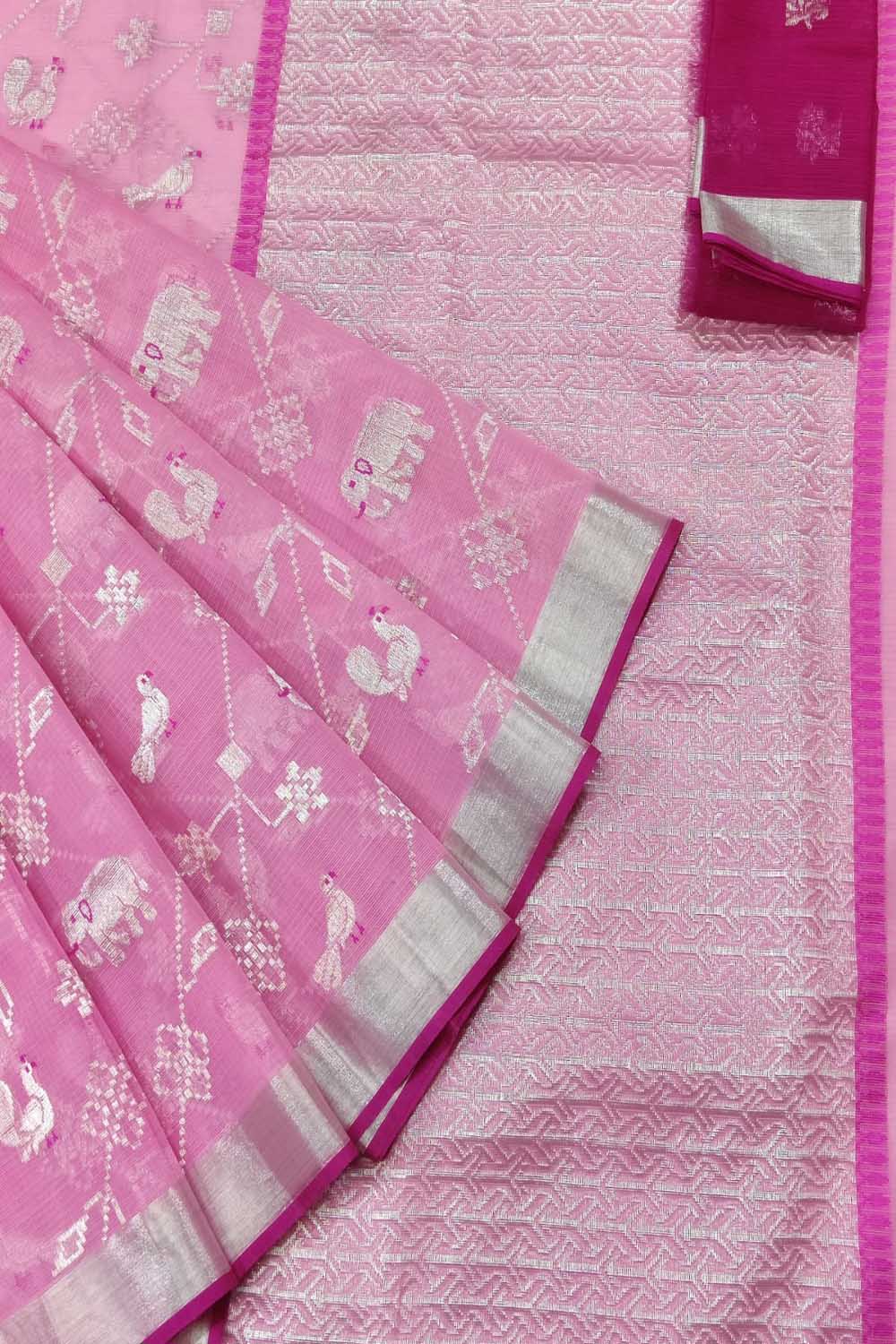 Pink Kota Doria Handloom Saree with Real Zari - Luxurion World