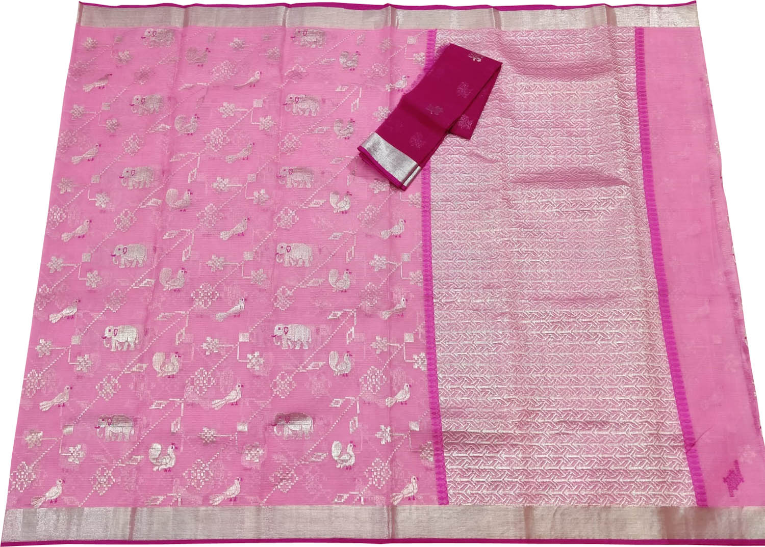 Pink Kota Doria Handloom Saree with Real Zari - Luxurion World