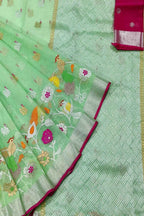 Green & Pink Kota Doria Handloom Zari Saree - Luxurion World