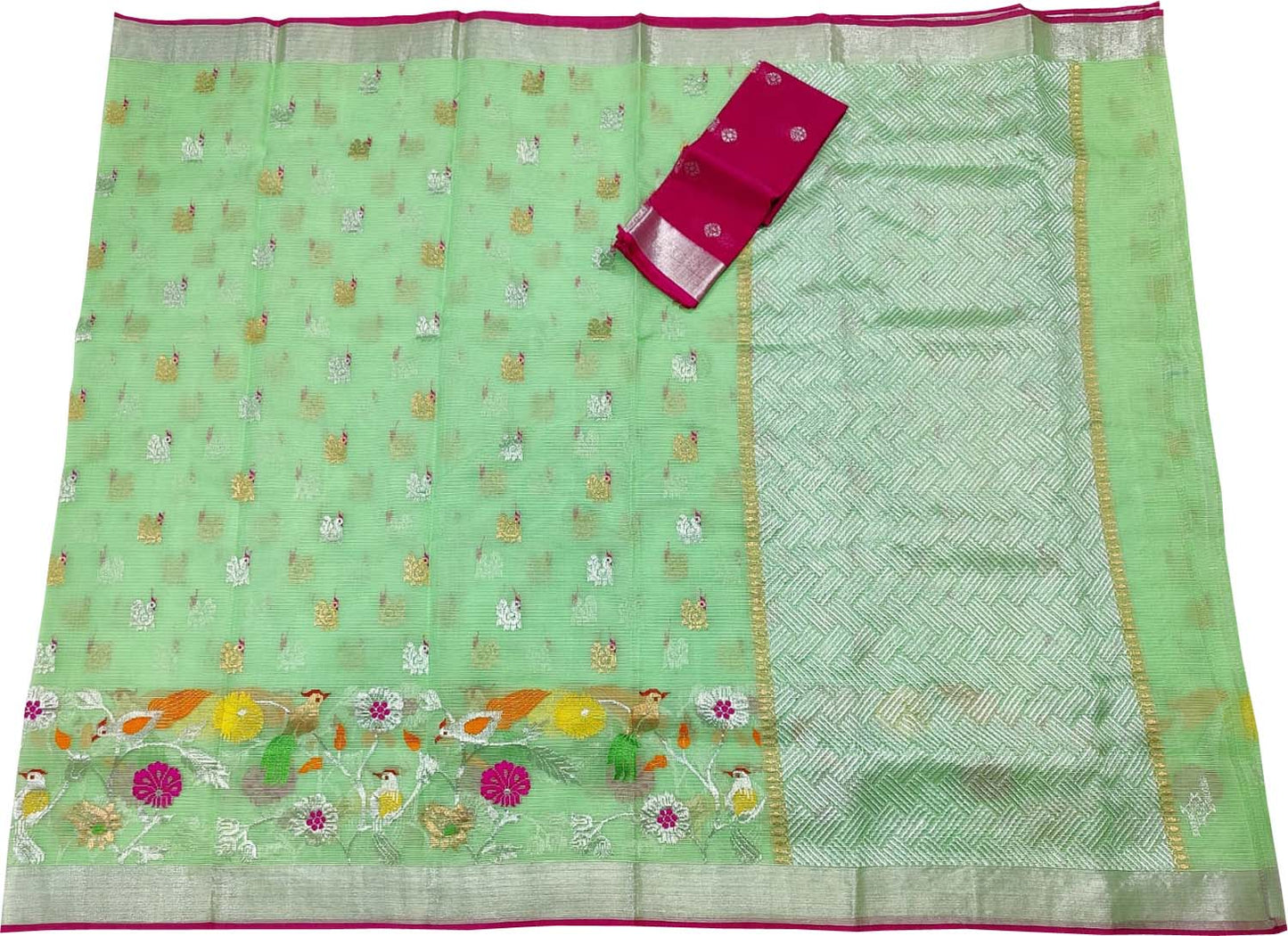 Green & Pink Kota Doria Handloom Zari Saree - Luxurion World