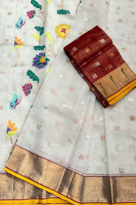 Stunning Off White Handloom Kota Doria Saree with Real Zari Embellishments - Luxurion World
