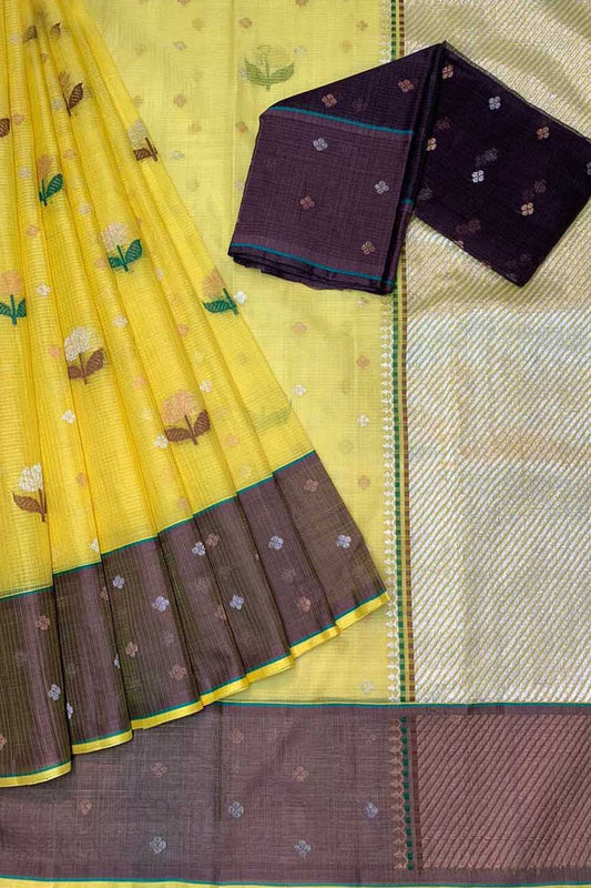 Stunning Yellow Handloom Kota Doria Saree with Real Zari Embellishments