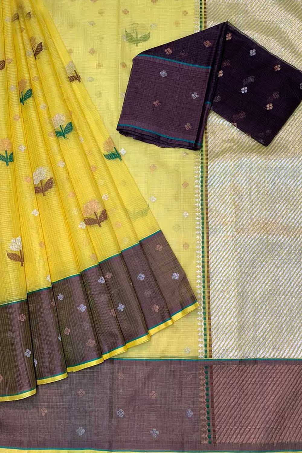 Stunning Yellow Handloom Kota Doria Saree with Real Zari Embellishments - Luxurion World