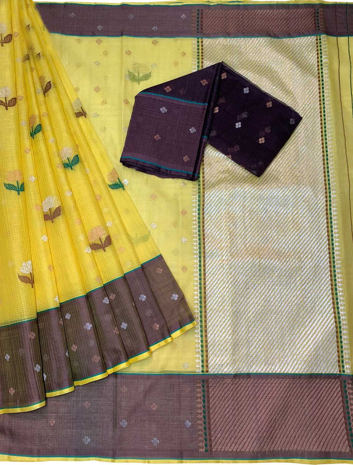Stunning Yellow Handloom Kota Doria Saree with Real Zari Embellishments - Luxurion World
