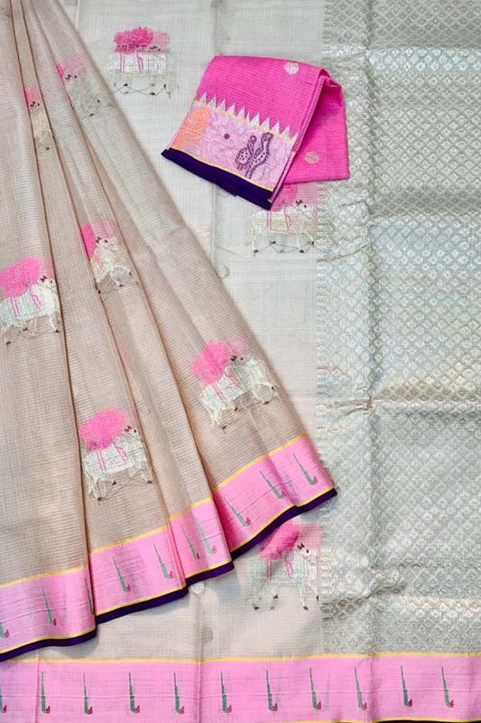 Real Zari Handloom Kota Doria Saree in Pastel Pink - Luxurion World