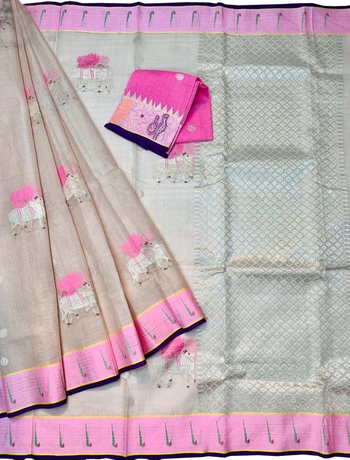 Real Zari Handloom Kota Doria Saree in Pastel Pink - Luxurion World