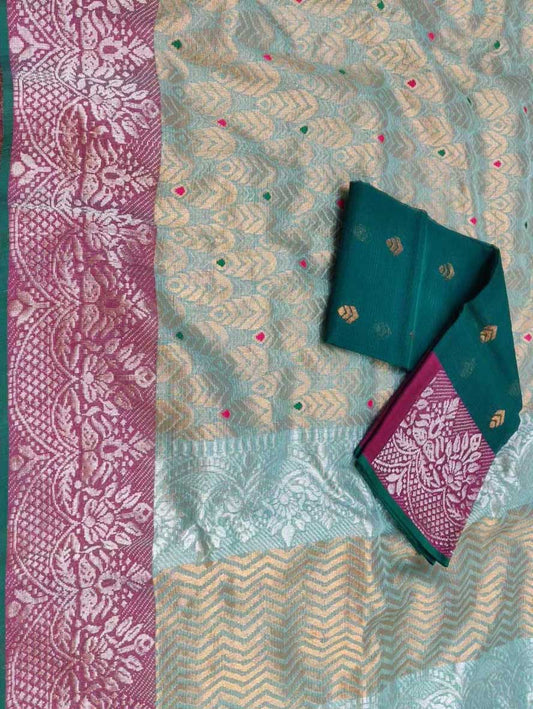 Blue And Pink Kota Doria Real Zari Saree - Luxurion World