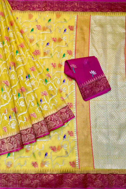 Yellow And Pink Kota Doria Handloom Real Zari Bird Design Saree - Luxurion World