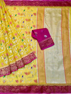 Yellow And Pink Kota Doria Handloom Real Zari Bird Design Saree - Luxurion World