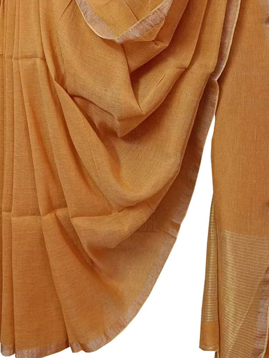Orange Bhagalpur Handloom Pure Linen Saree - Luxurion World