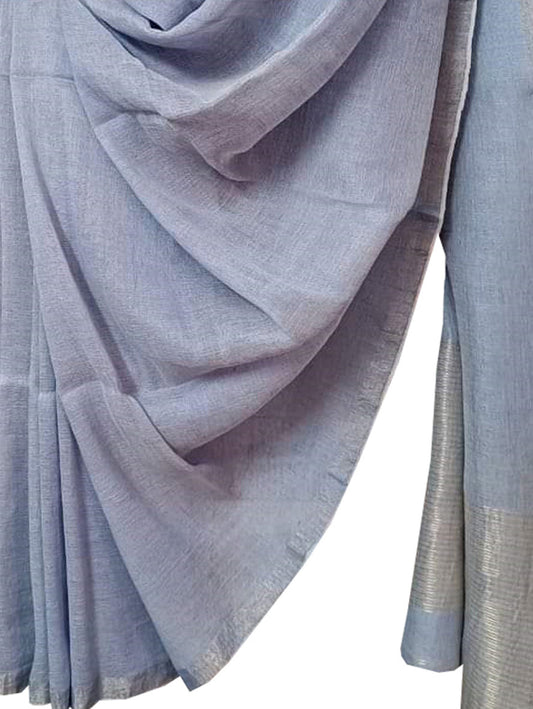 Blue Bhagalpur Handloom Pure Linen Saree - Luxurion World