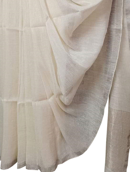 Off White Bhagalpur Handloom Pure Linen Saree - Luxurion World