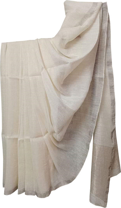 Off White Bhagalpur Handloom Pure Linen Saree - Luxurion World