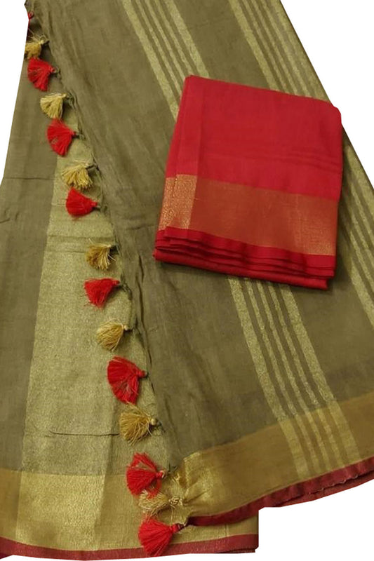 Green And Red Linen Handloom Plain Saree - Luxurion World