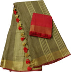 Green And Red Linen Handloom Plain Saree - Luxurion World
