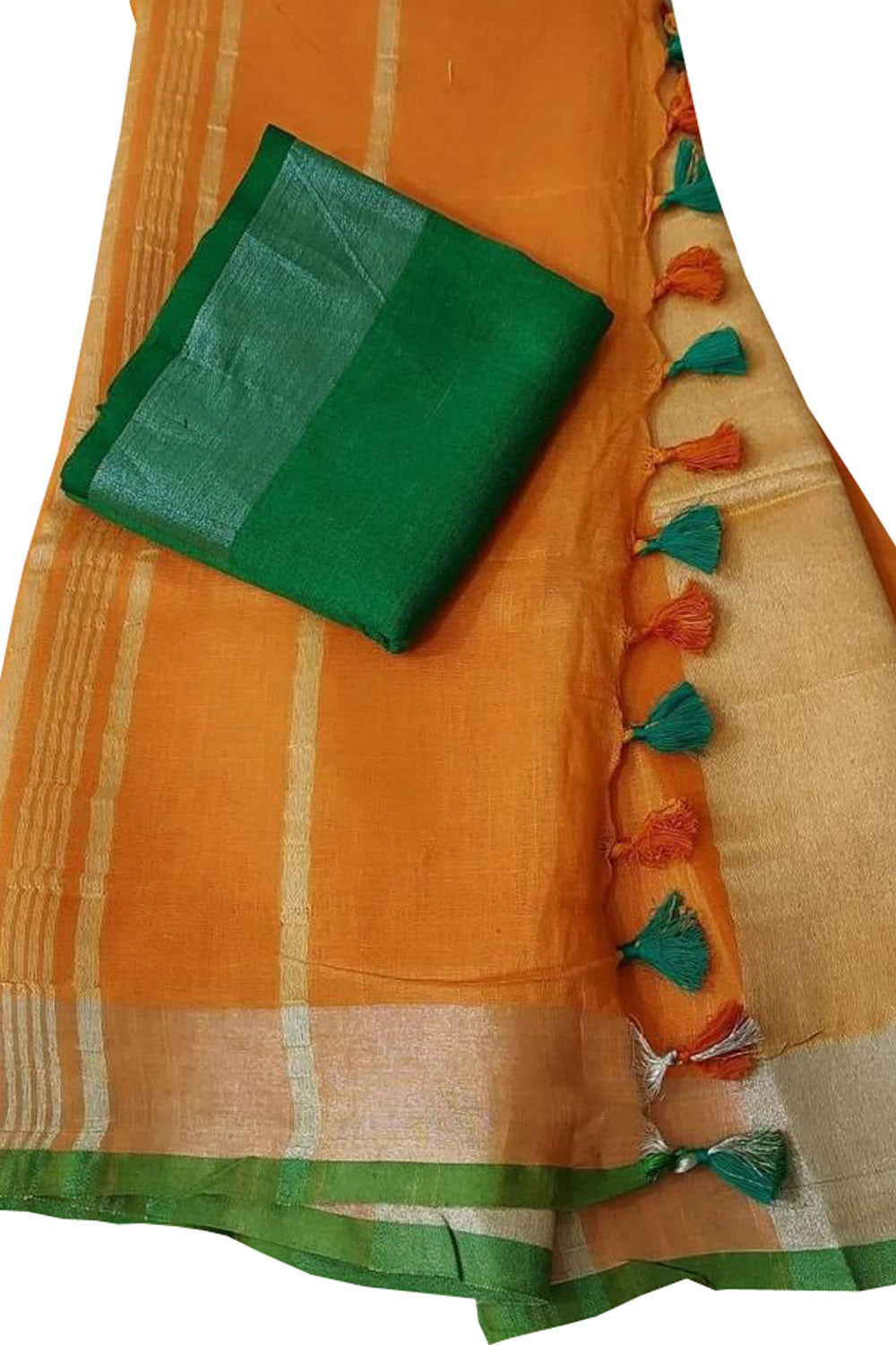 Orange And Green Linen Handloom Plain Saree
