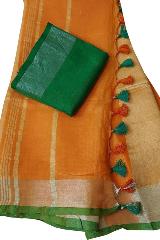 Orange And Green Linen Handloom Plain Saree - Luxurion World
