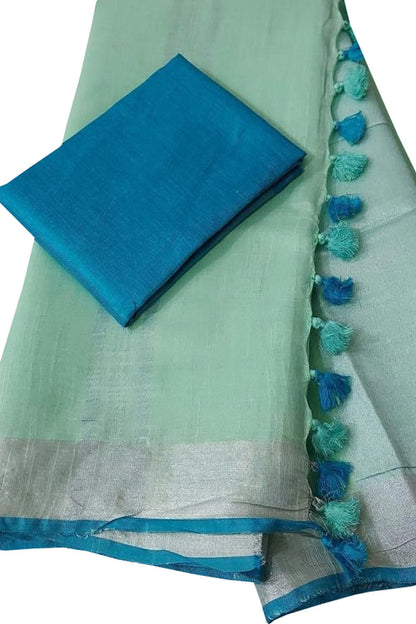 Green And Blue Linen Handloom Plain Saree