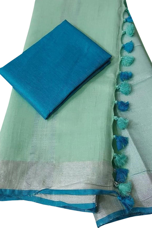 Green And Blue Linen Handloom Plain Saree - Luxurion World