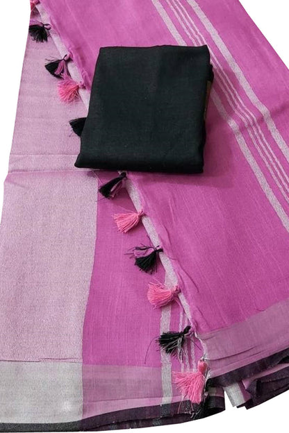 Pink And Black Linen Handloom Plain Saree