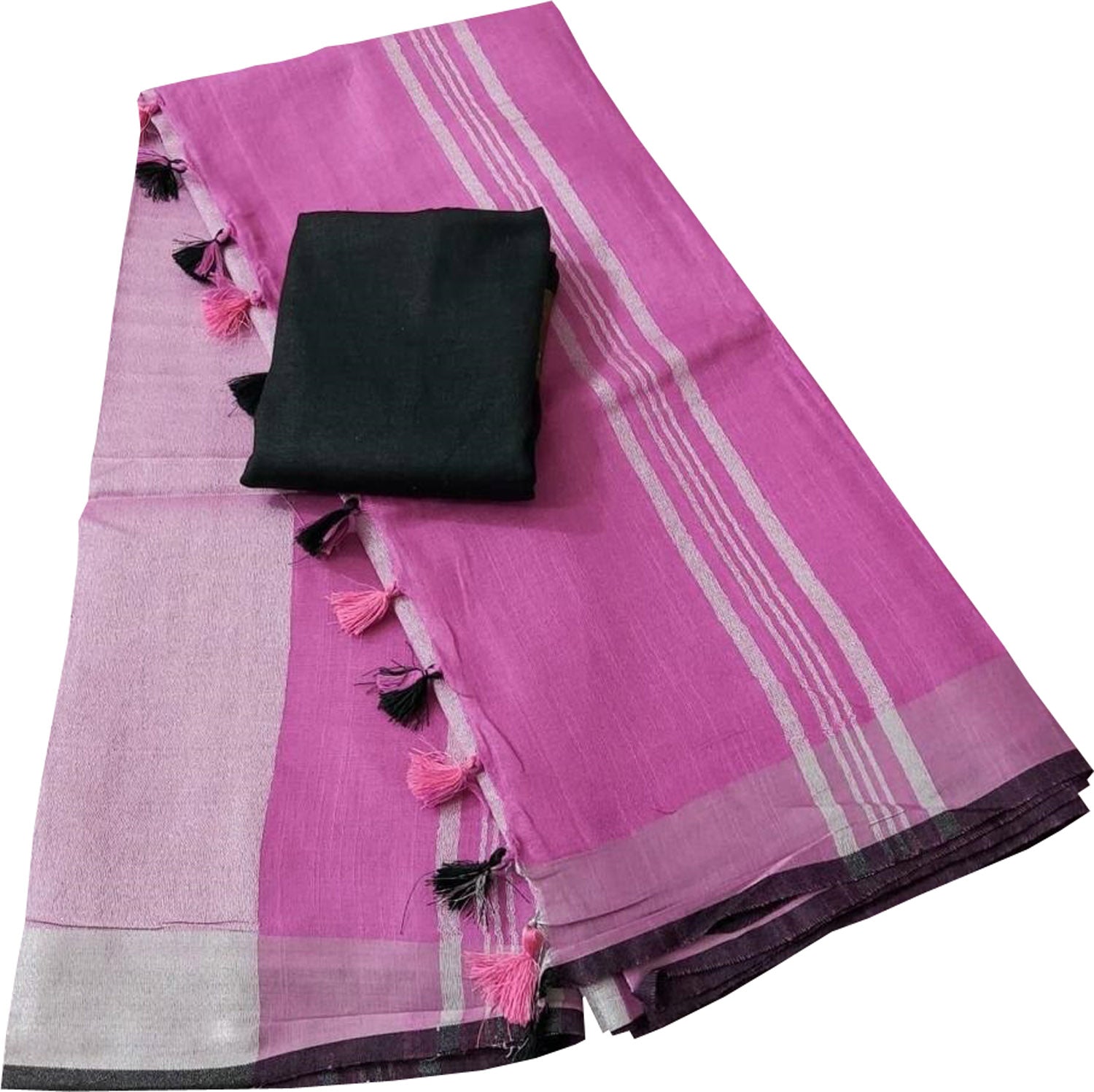 Pink And Black Linen Handloom Plain Saree