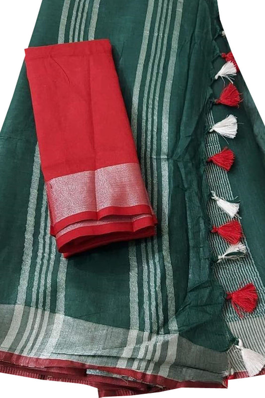 Green And Red Linen Handloom Plain Saree - Luxurion World