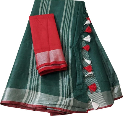 Green And Red Linen Handloom Plain Saree