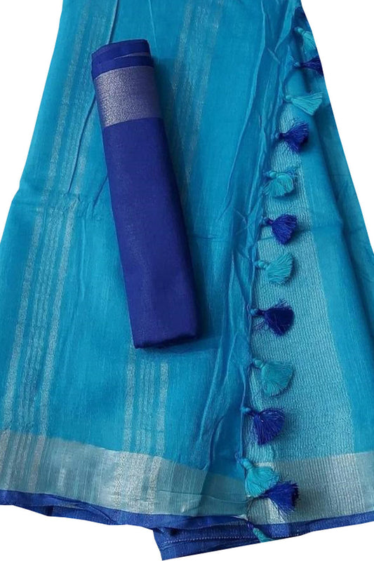 Blue Linen Handloom Plain Saree - Luxurion World