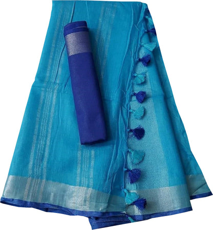 Blue Linen Handloom Plain Saree