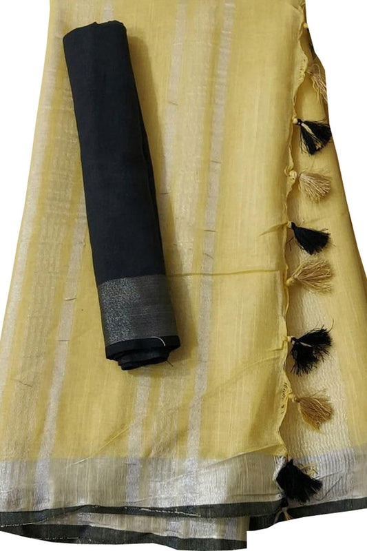 Yellow And Black Linen Handloom Plain Saree - Luxurion World