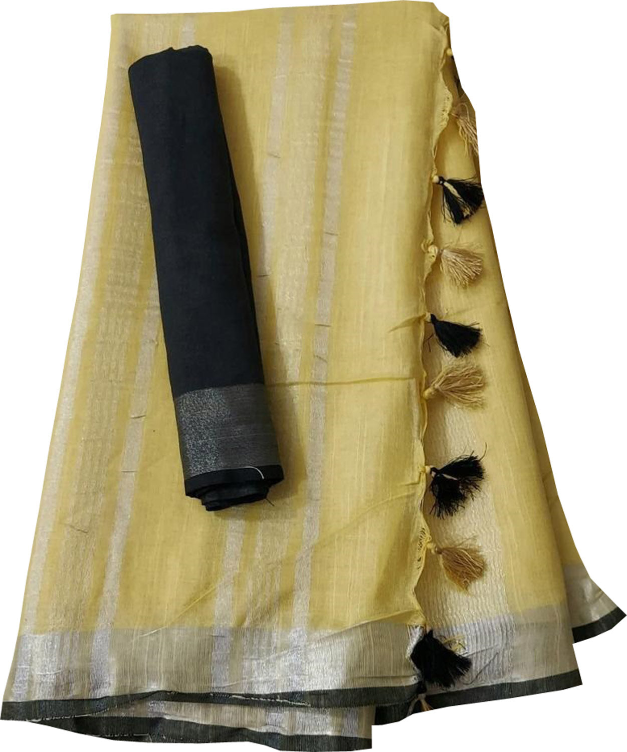 Yellow And Black Linen Handloom Plain Saree