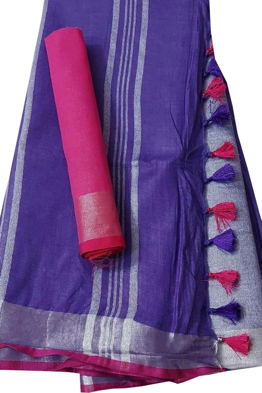 Purple And Pink Linen Handloom Plain Saree
