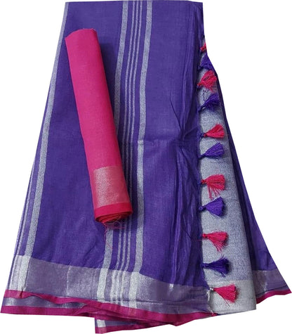 Purple And Pink Linen Handloom Plain Saree - Luxurion World