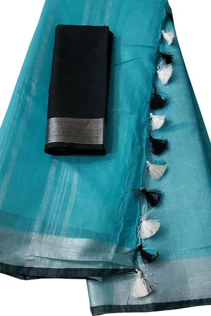 Blue And Black Linen Handloom Plain Saree