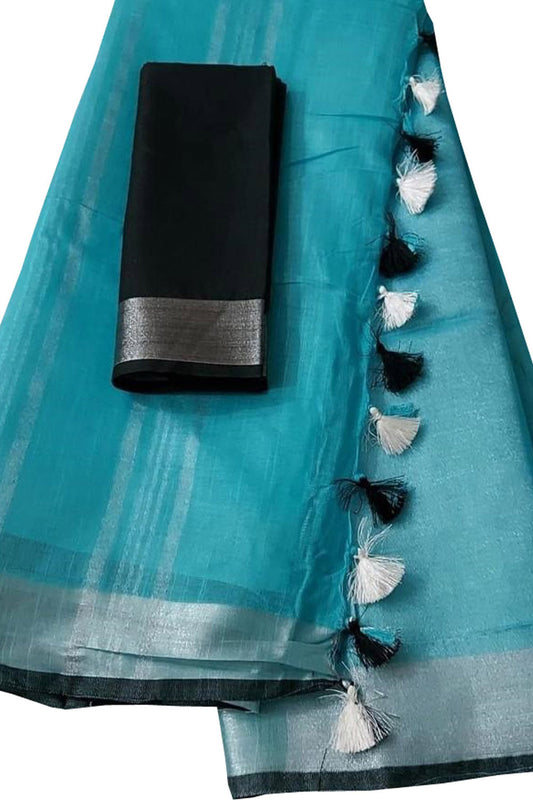 Blue And Black Linen Handloom Plain Saree - Luxurion World