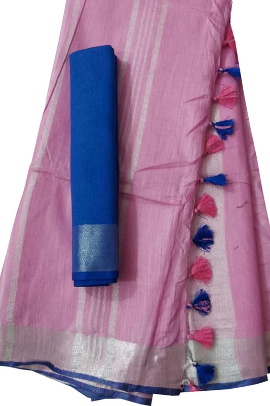 Pink And Blue Linen Handloom Plain Saree - Luxurion World