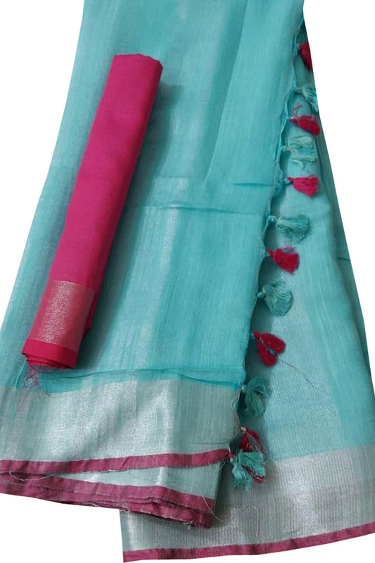 Blue Linen Handloom Plain Saree - Luxurion World