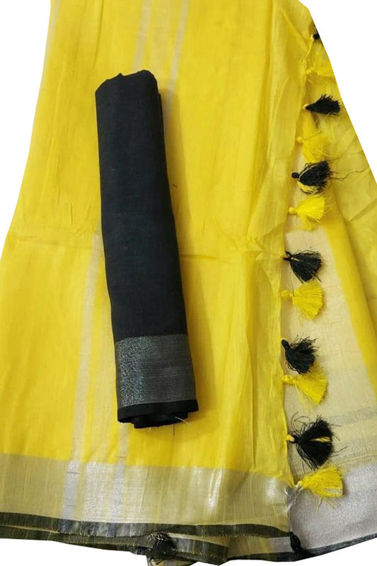 Yellow And Black Linen Handloom Plain Saree - Luxurion World