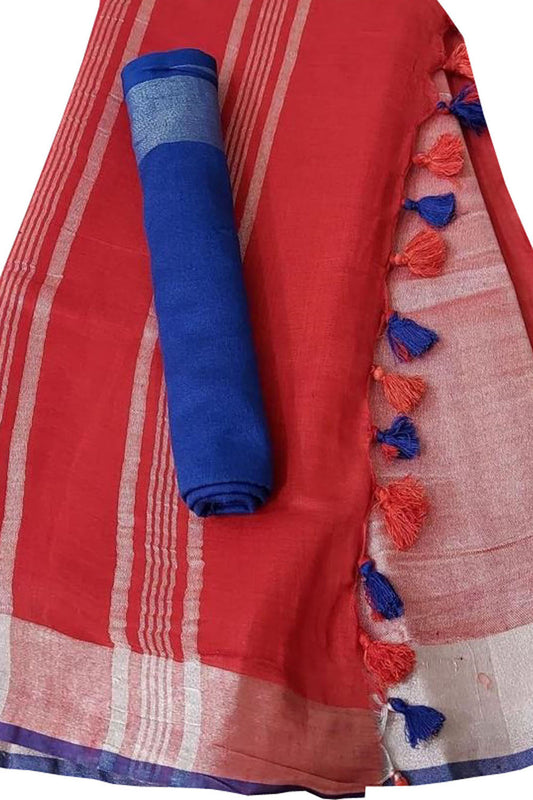 Red And Blue Linen Handloom Plain Saree - Luxurion World