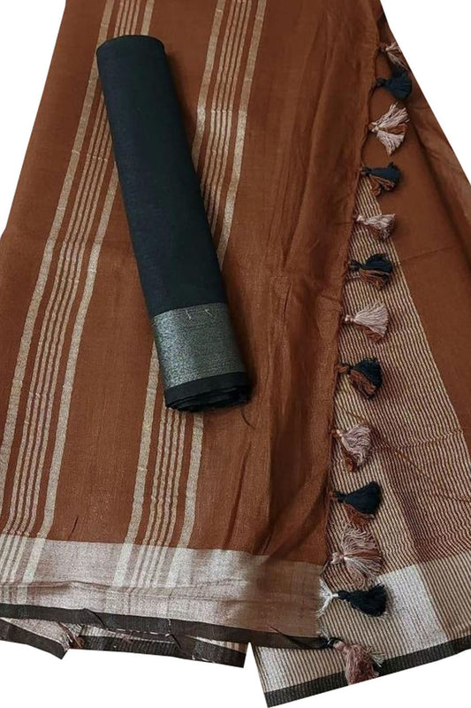 Brown And Black Linen Handloom Plain Saree - Luxurion World