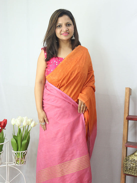Orange Handloom Saree With Blouse Piece