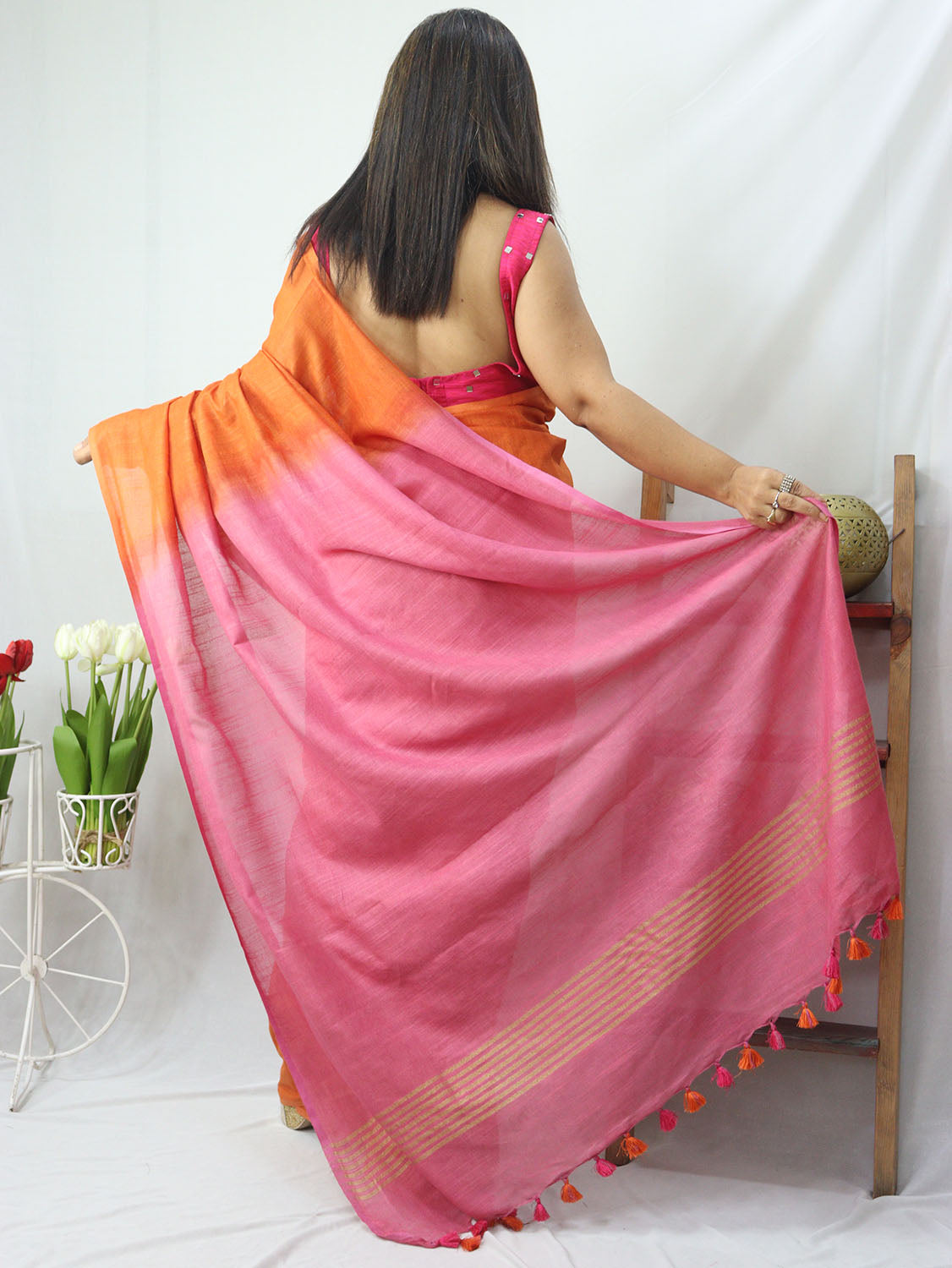 Shop the Latest Orange and Pink Handloom Linen Shaded Saree - Luxurion World