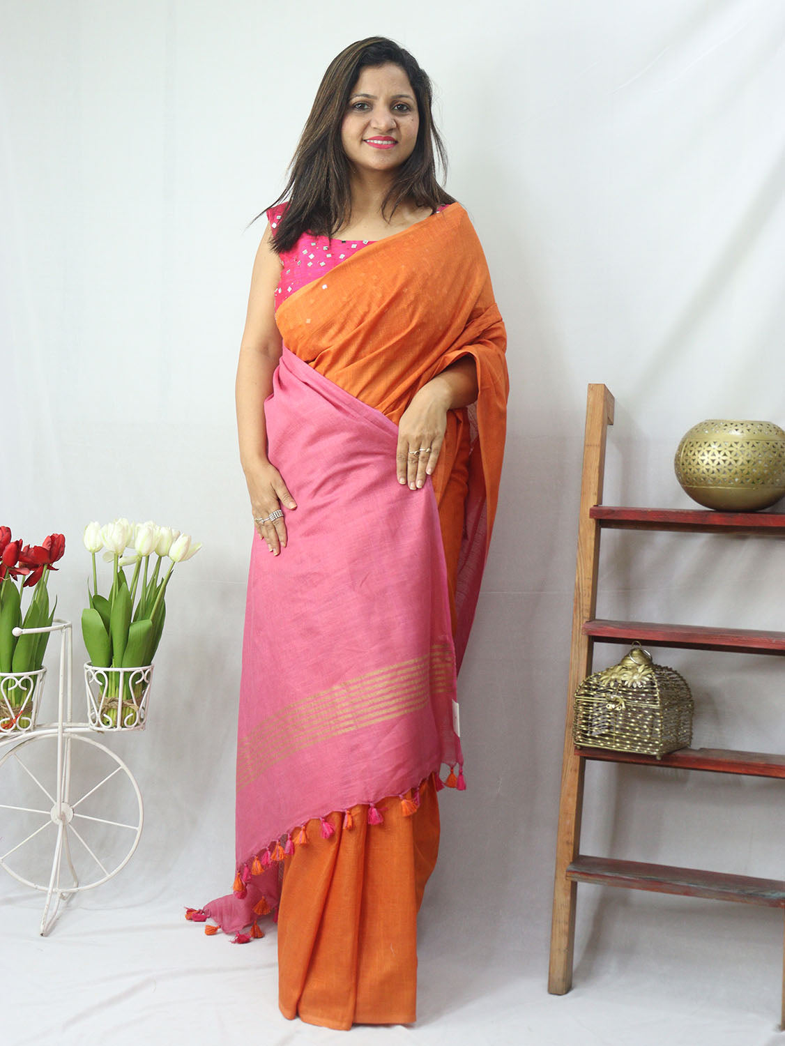 Shop the Latest Orange and Pink Handloom Linen Shaded Saree - Luxurion World