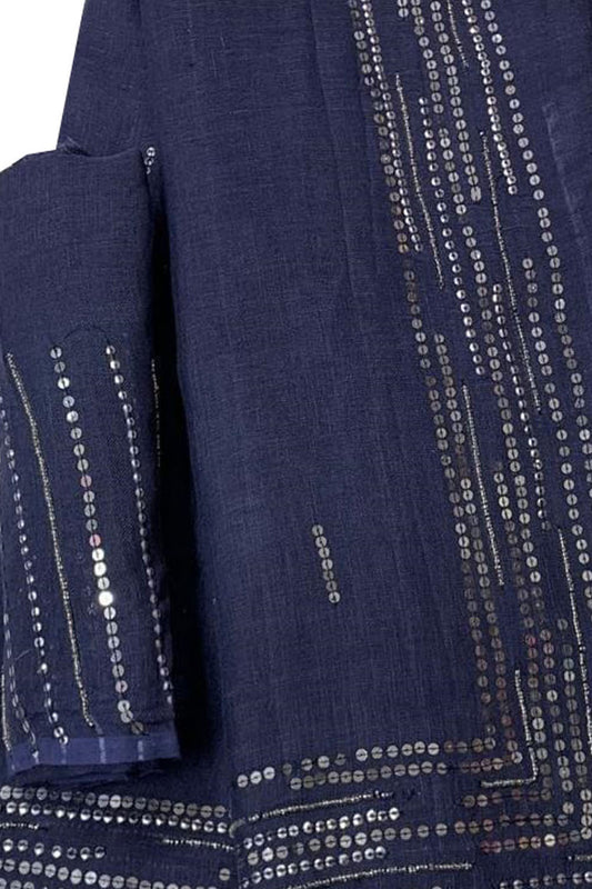 Shop the Latest Blue Pure Linen Sequins Hand Work Saree Online - Luxurion World
