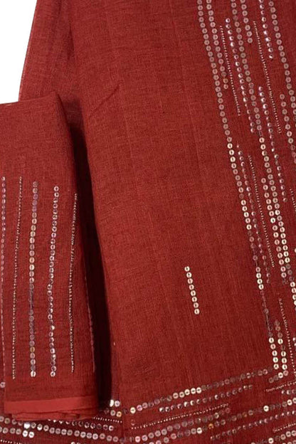 Shop the Latest Red Pure Linen Sequins Hand Work Saree Online - Luxurion World